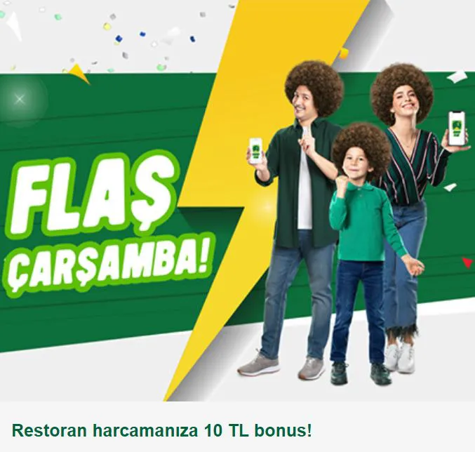 Bonus Flaş Çarşamba Restoran harcamanıza 10 TL bonus!