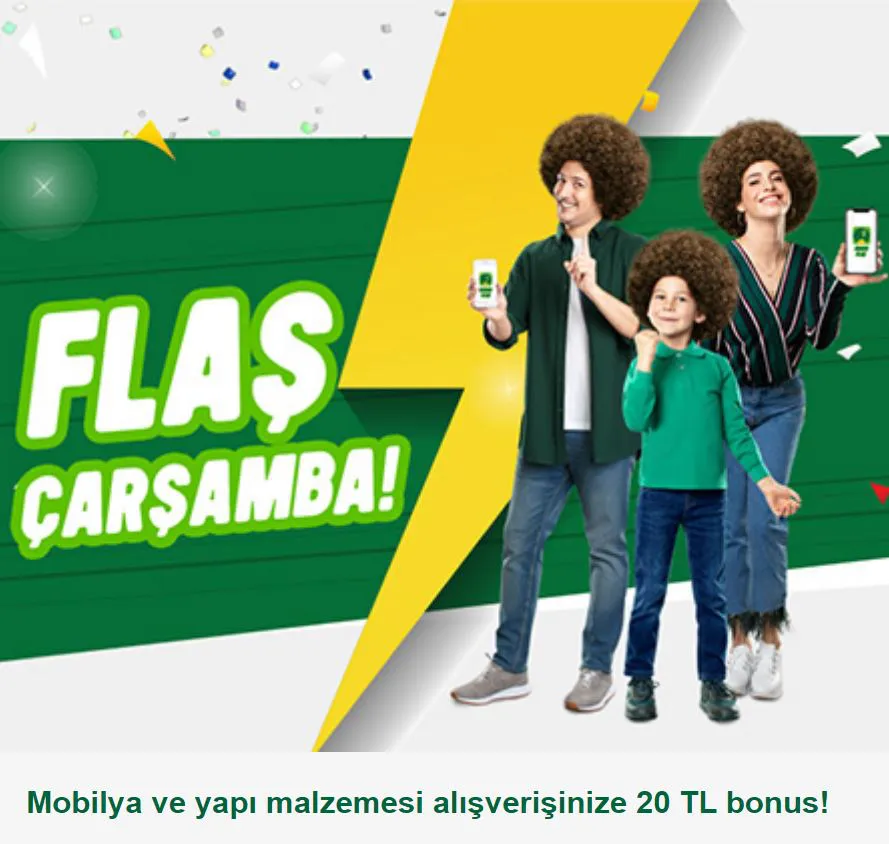 Mobilya ve yapı malzemesi alışverişinize 20 TL bonus!